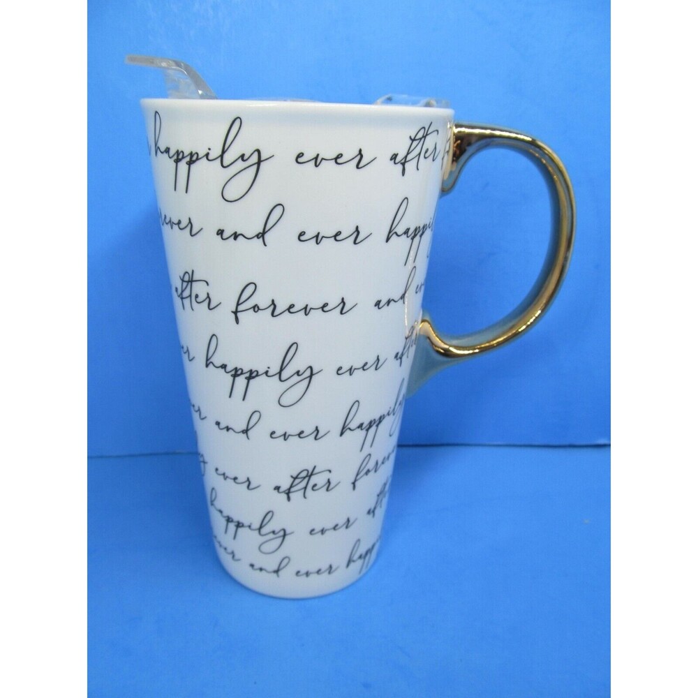 White Happily Ever After Mug Gold Handle Script Coffee Cup Bridal Wedding Gift
